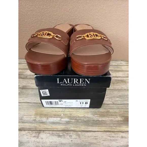 Lauren Ralph Lauren Roxanne Slide Sandals Polo Tan Leather Heel Size 11 NEW - Picture 2 of 15